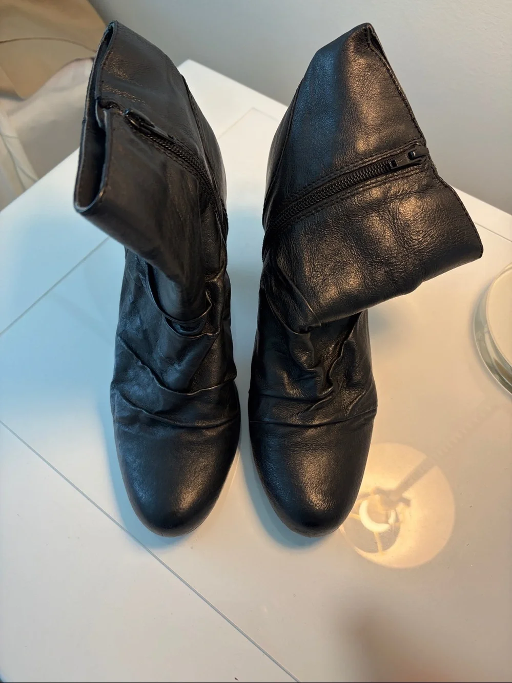 a.n.a Black Leather Ankle Booties with Low Block Heel